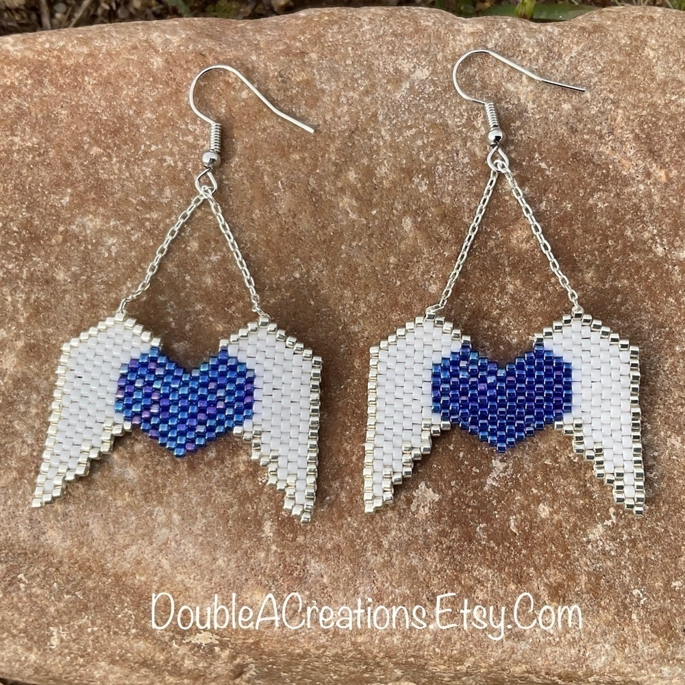 Royal Blue Heart with Wings Beaded Earrings, New, Handmade by Me